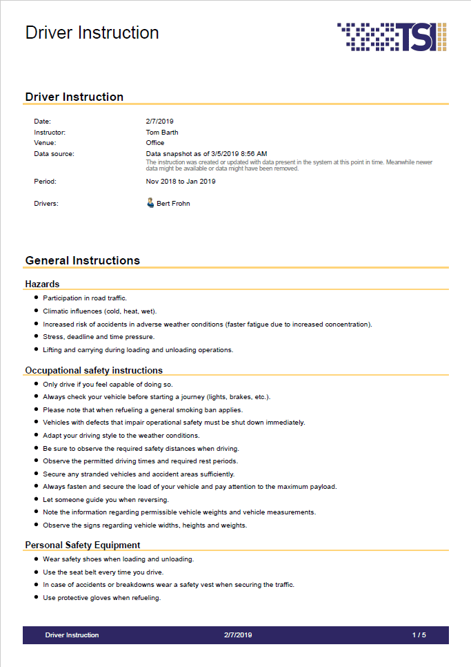 Detailed and customisable instruction documents for each driver